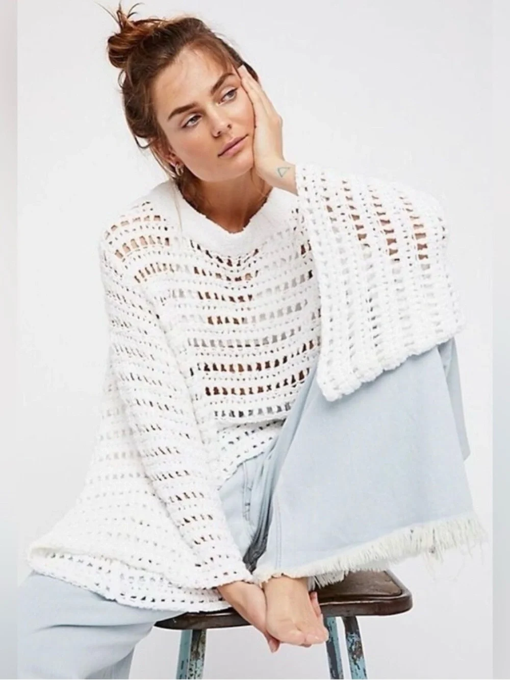 Free People Caught Up Crochet Sweater White Oversized Bell Sleeve XS